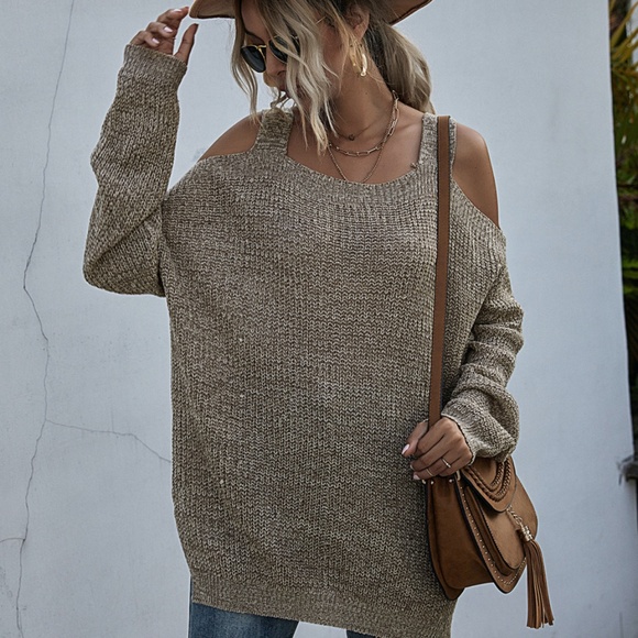 khaki oversized  cold shoulder knit fall sweater - Picture 7 of 11